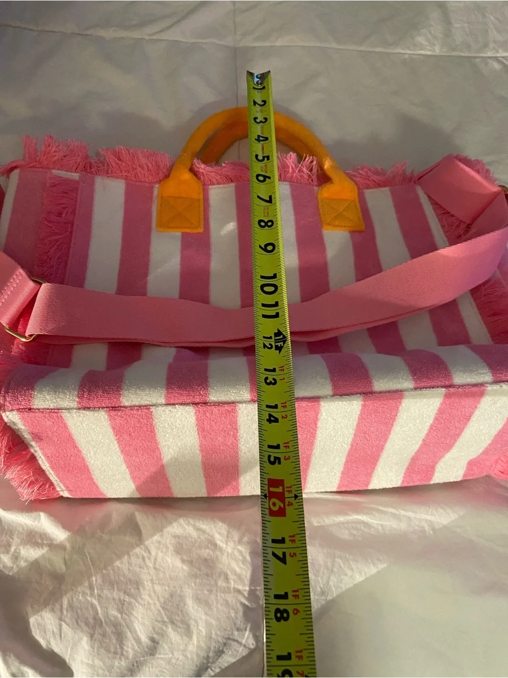 🩷Pink & White Striped Fringe Tote with Orange Handles and  Crossbody Strap🩷